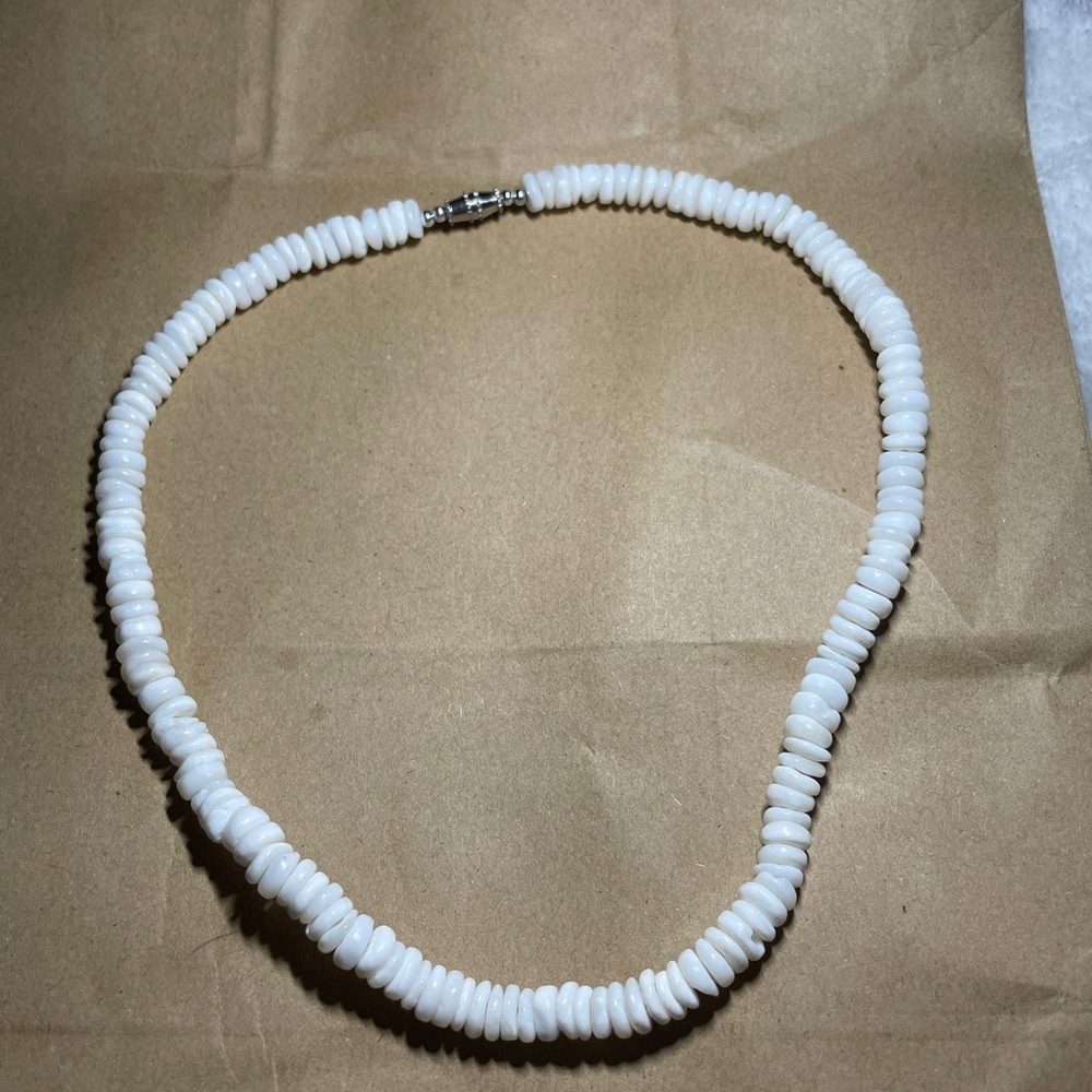 White Beaded Necklace - Minimal Shell Disc Strand
